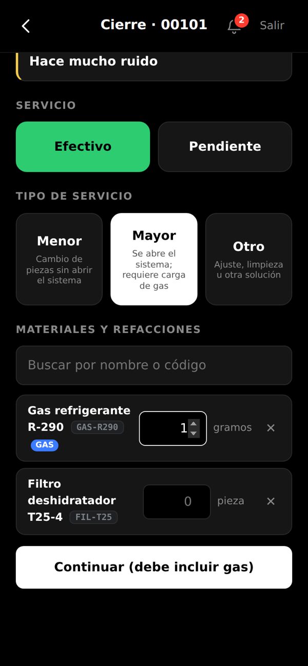 Cierre de un servicio en el celular del técnico